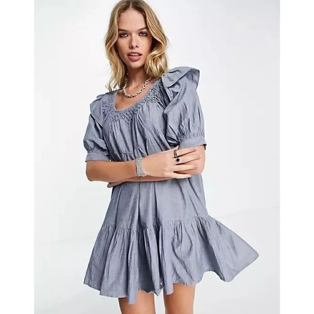 Free People Amelie Mini Denim Chambray Dress Size Small Cowgirl Western Boho